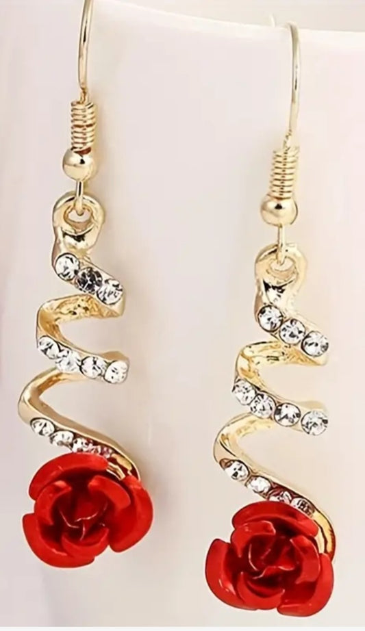 Exquisite Spiral Gold Plated Rhinestone Red Rose Drop Earrings