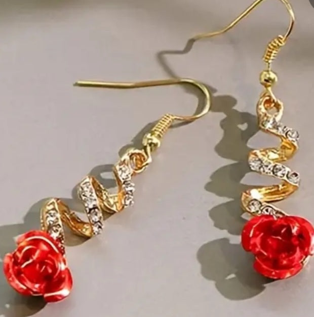 Exquisite Spiral Gold Plated Rhinestone Red Rose Drop Earrings