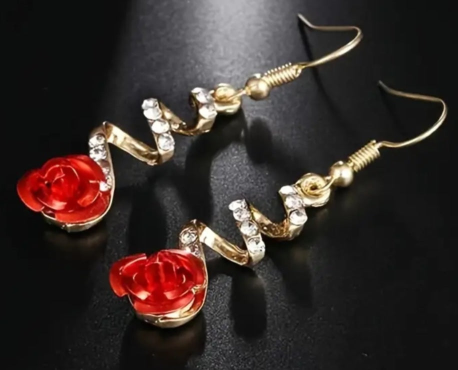 Exquisite Spiral Gold Plated Rhinestone Red Rose Drop Earrings