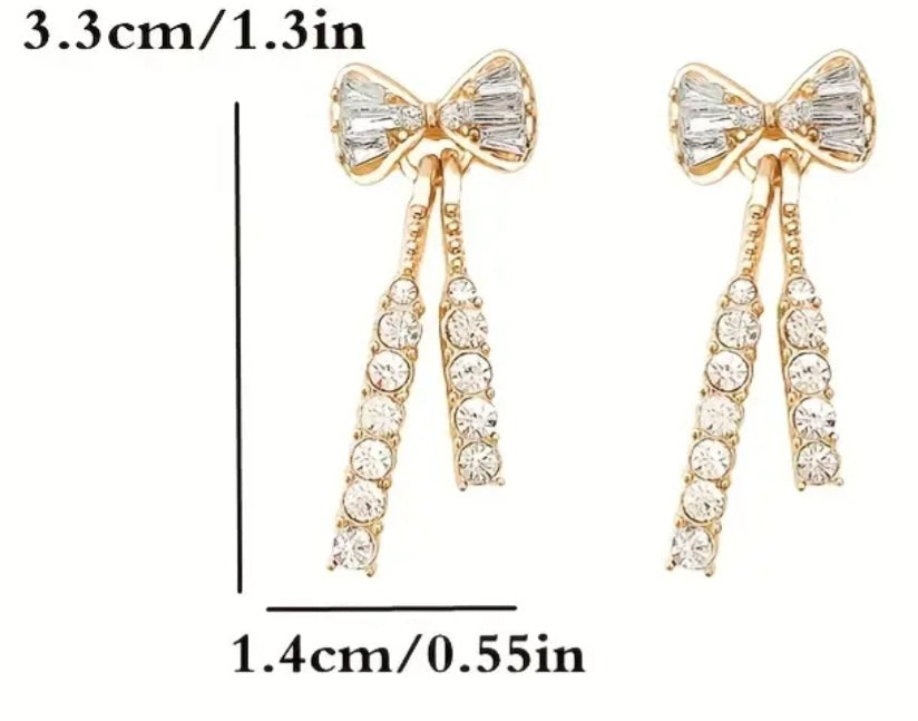 Bling Bow With Tassles Rhinestone Gold Plated Drop Dangle Earrings