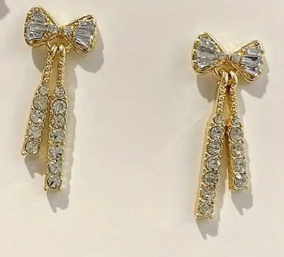 Bling Bow With Tassles Rhinestone Gold Plated Drop Dangle Earrings