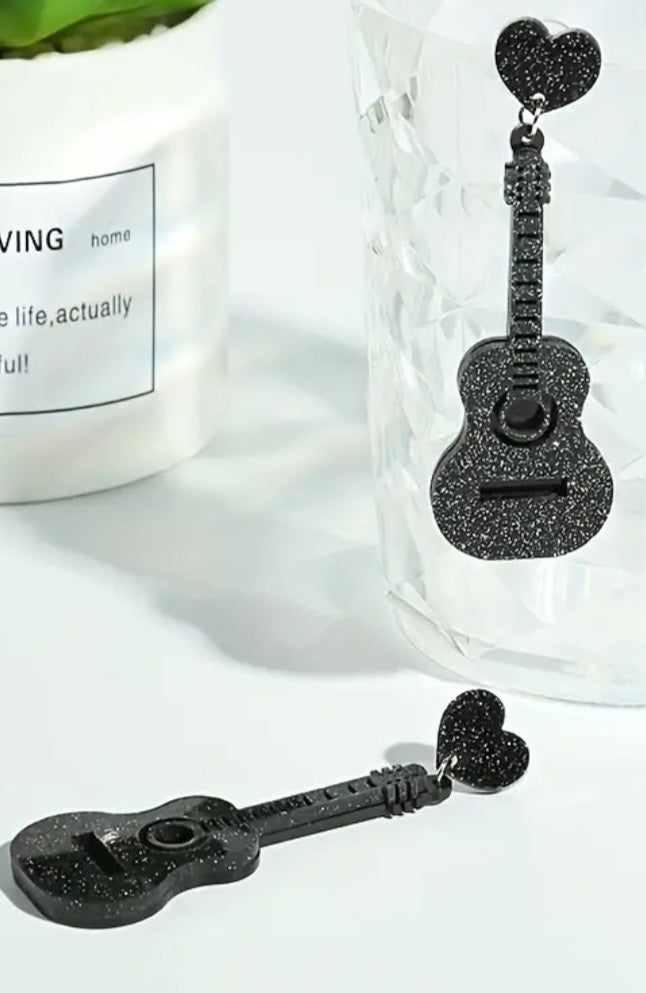 Acrylic Black Glitter Sparkle Heart With Guitar Design Drop Dangle Earrings