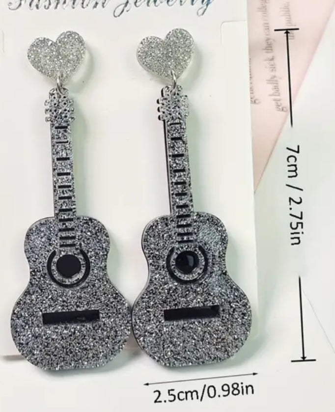 Acrylic Silver Glitter Sparkle Heart With Guitar Design Drop Dangle Earrings