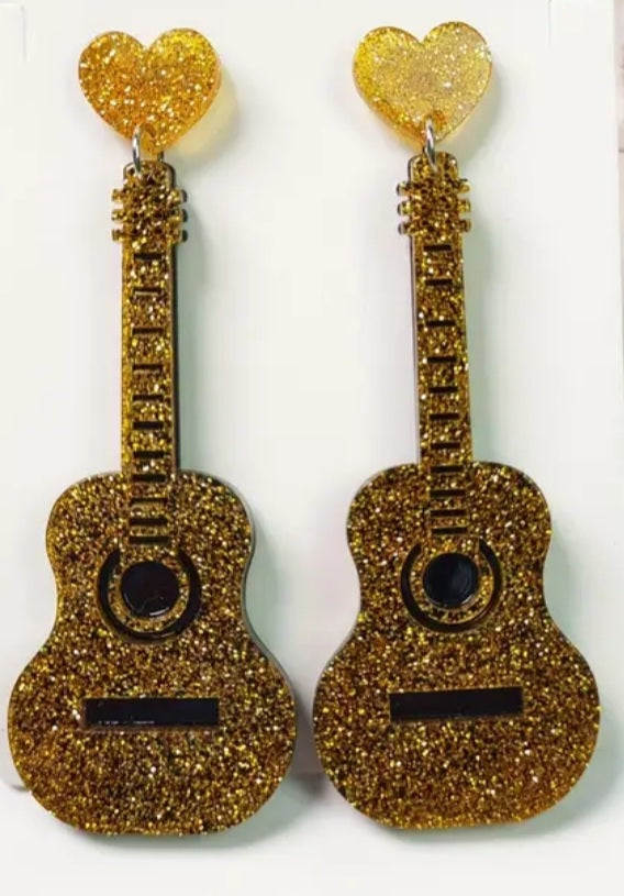 Acrylic Gold Glitter Sparkle Heart With Guitar Design Drop Dangle Earrings