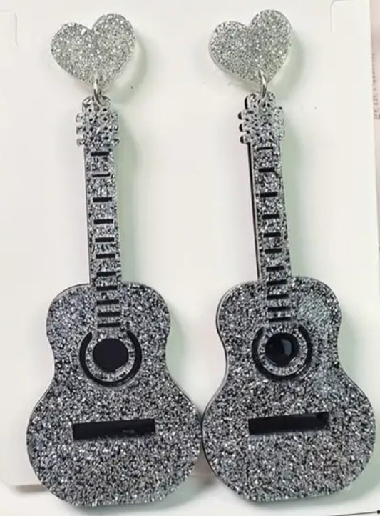 Acrylic Silver Glitter Sparkle Heart With Guitar Design Drop Dangle Earrings