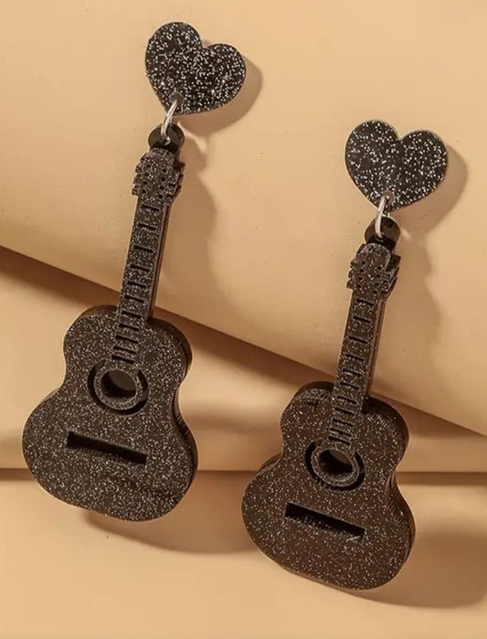 Acrylic Black Glitter Sparkle Heart With Guitar Design Drop Dangle Earrings