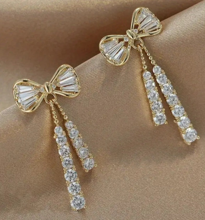 Bling Bow With Tassles Rhinestone Gold Plated Drop Dangle Earrings