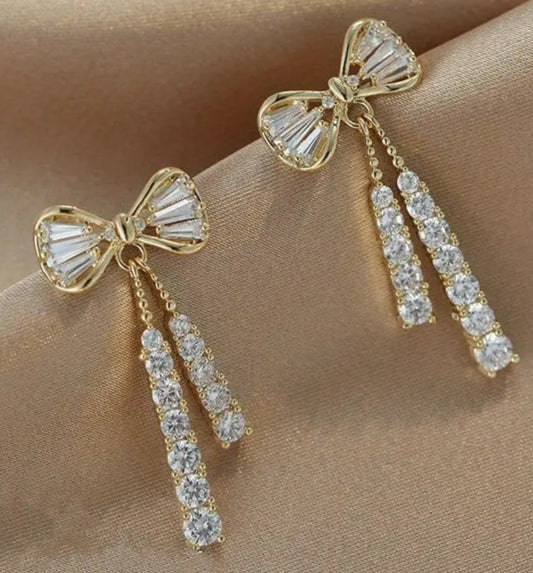 Bling Bow With Tassles Rhinestone Gold Plated Drop Dangle Earrings