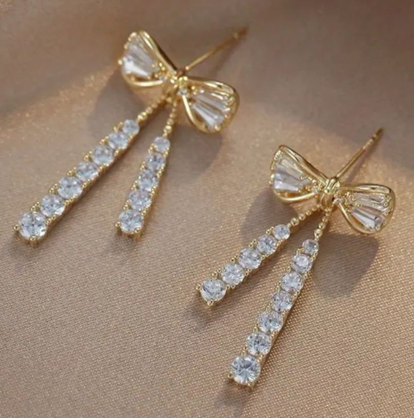 Bling Bow With Tassles Rhinestone Gold Plated Drop Dangle Earrings