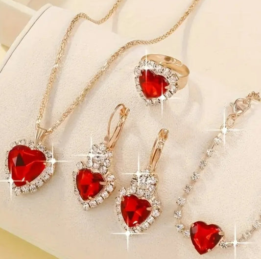 Gold Plated Red Crystal Rhinestone Heart Design Matching Necklace Earrings Ring And Bracelet 4 Piece Set