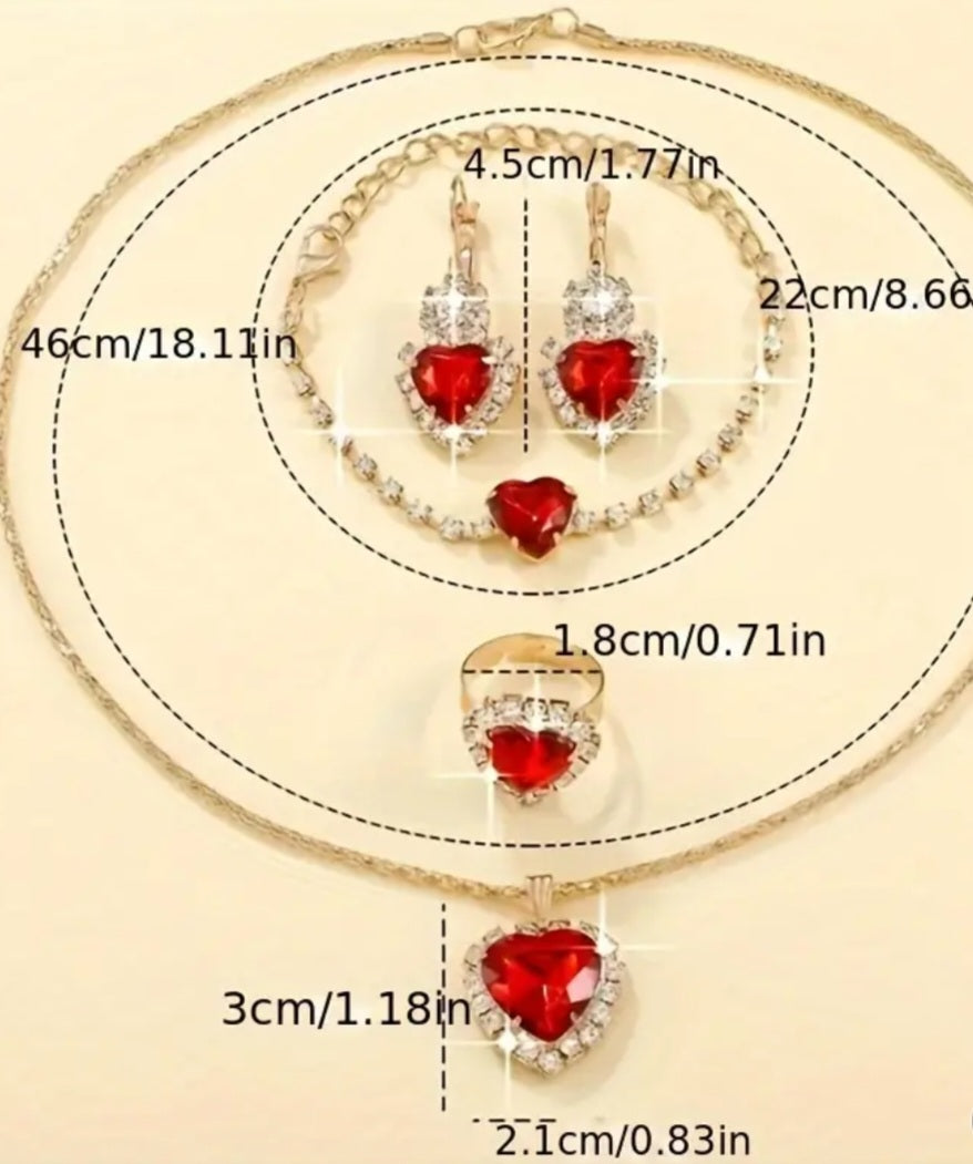 Gold Plated Red Crystal Rhinestone Heart Design Matching Necklace Earrings Ring And Bracelet 4 Piece Set