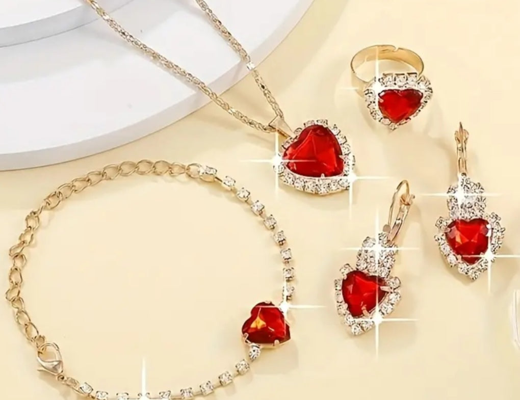 Gold Plated Red Crystal Rhinestone Heart Design Matching Necklace Earrings Ring And Bracelet 4 Piece Set