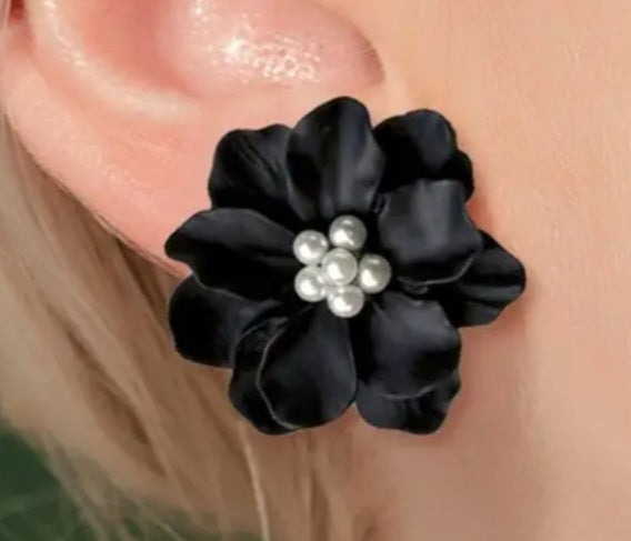 Acrylic Black Camellia Flower Large Stud Earrings