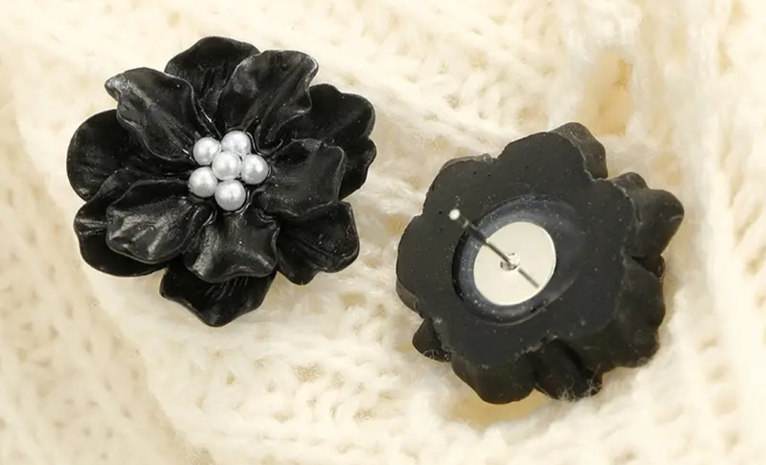 Acrylic Black Camellia Flower Large Stud Earrings