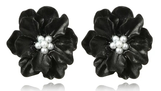 Acrylic Black Camellia Flower Large Stud Earrings