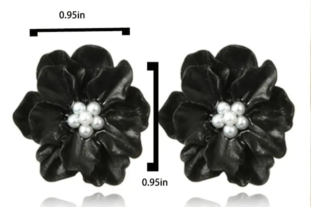 Acrylic Black Camellia Flower Large Stud Earrings