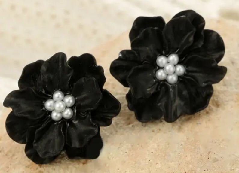 Acrylic Black Camellia Flower Large Stud Earrings