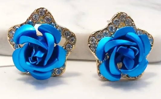 Enamel Gold Plated Rhinestone Royal Blue Rose Small Metal Stud Earrings