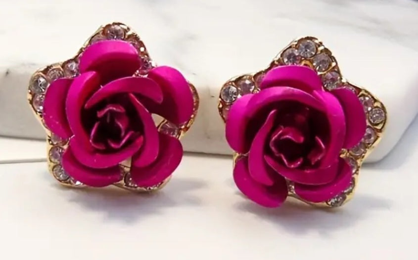 Enamel Gold Plated Rhinestine Royal Pink Rose Red Roses Small Metal Stud Earrings