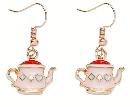 Cute Antique Style Pink TeaPot Design Gold Plated Dangle Earrings