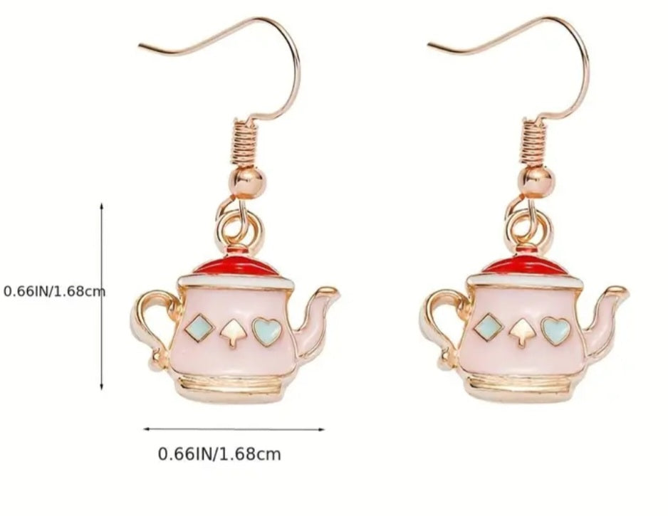 Cute Antique Style Pink TeaPot Design Gold Plated Dangle Earrings