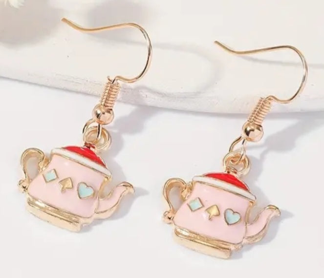 Cute Antique Style Pink TeaPot Design Gold Plated Dangle Earrings