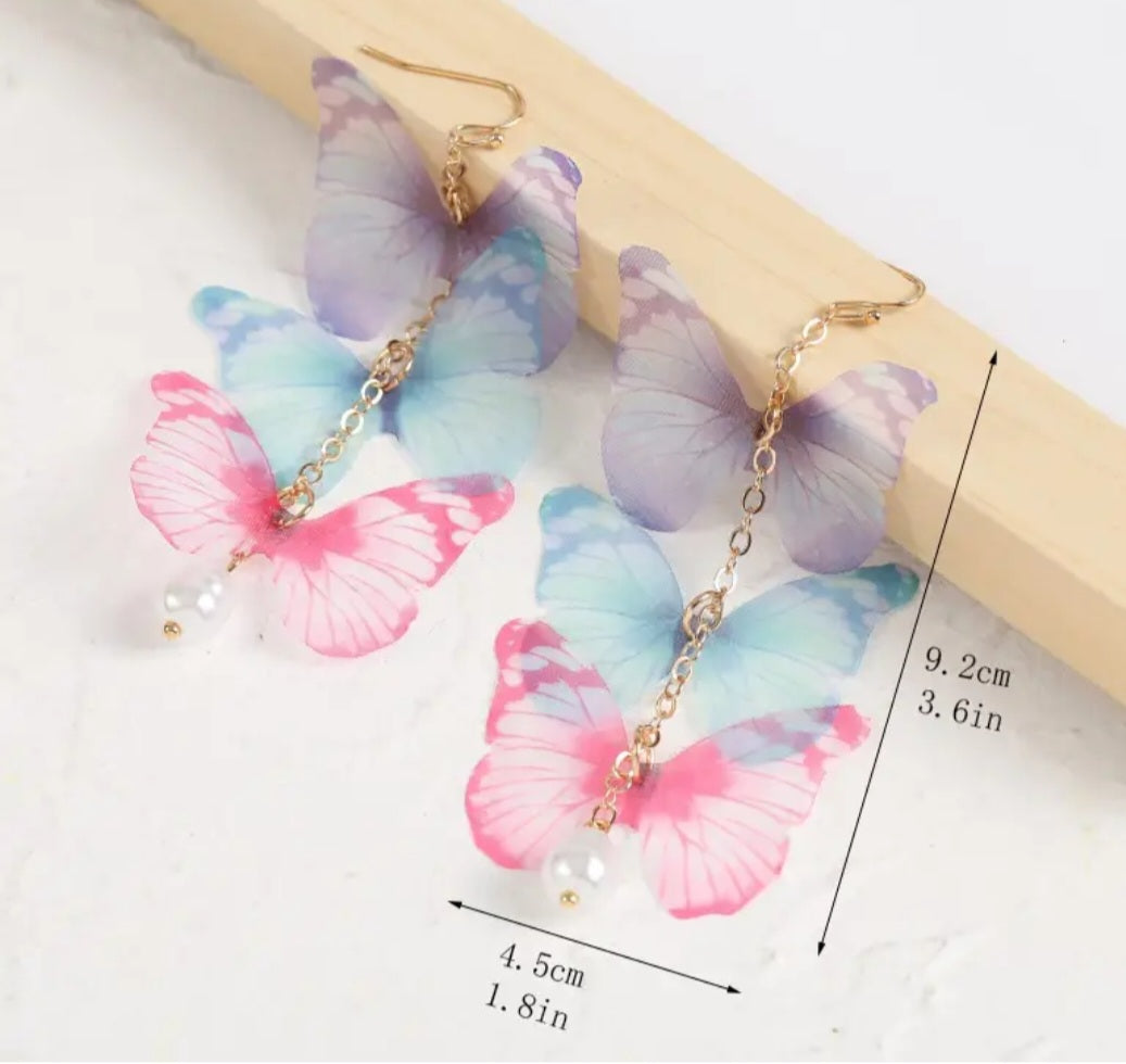 Delicate Floaty Fabric Long Pastel Butterflies Butterfly Faux Pearl Drop Earrings