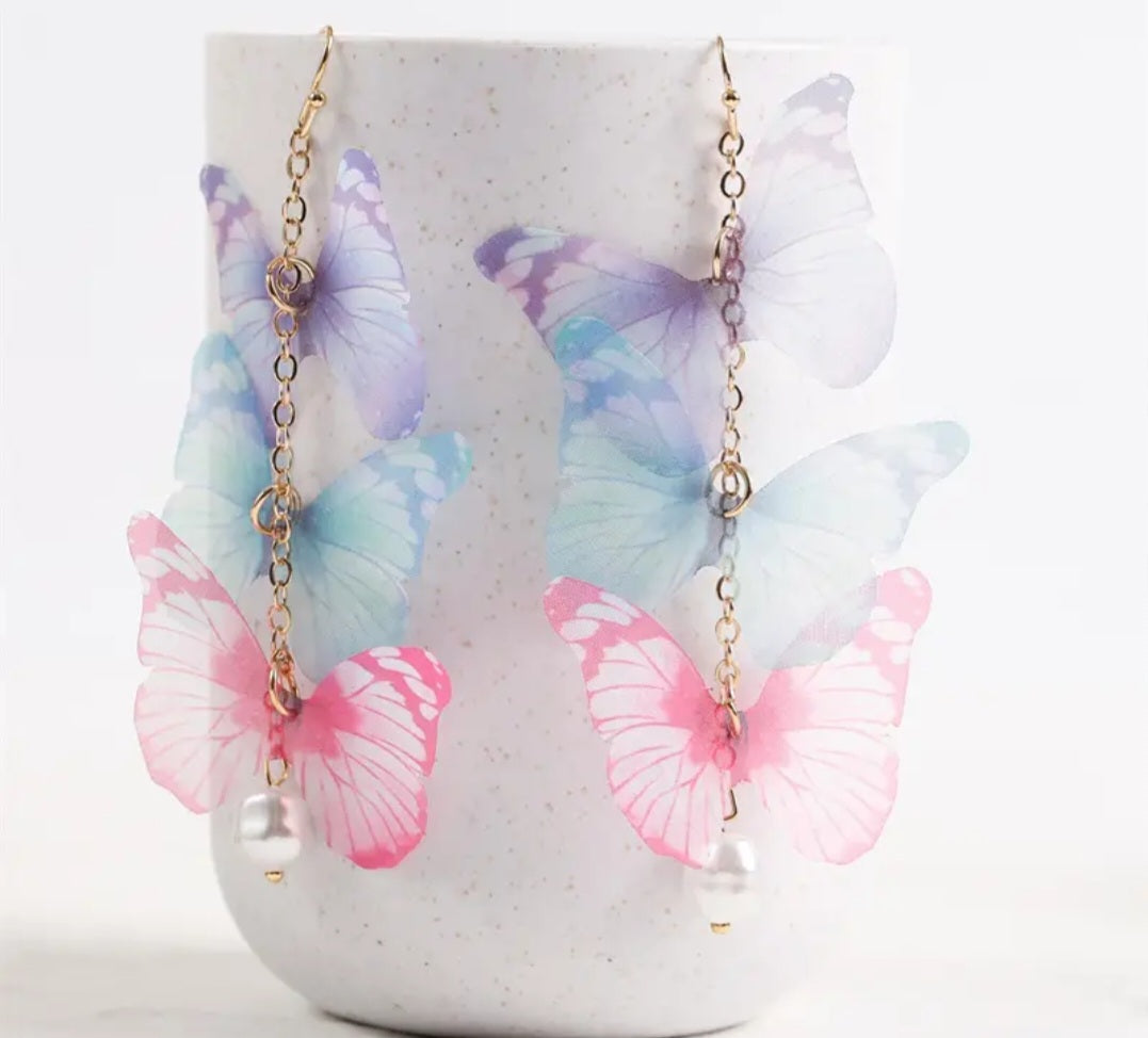 Delicate Floaty Fabric Long Pastel Butterflies Butterfly Faux Pearl Drop Earrings