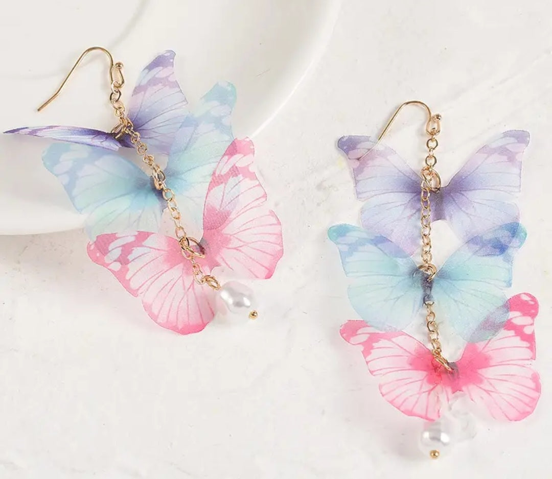 Delicate Floaty Fabric Long Pastel Butterflies Butterfly Faux Pearl Drop Earrings