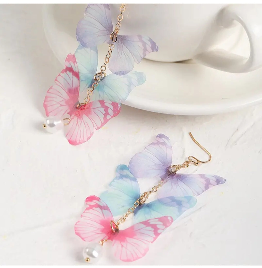 Delicate Floaty Fabric Long Pastel Butterflies Butterfly Faux Pearl Drop Earrings