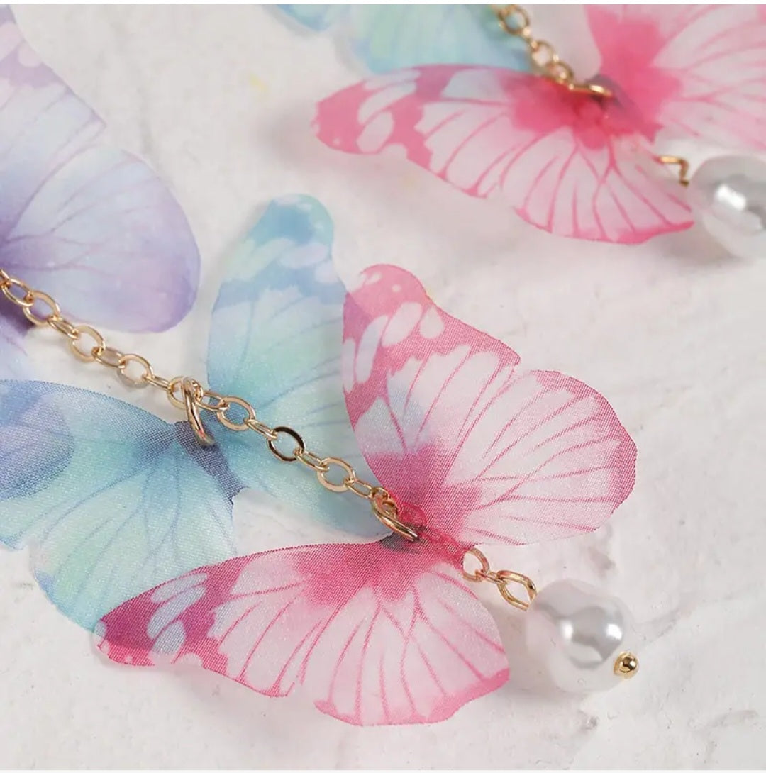 Delicate Floaty Fabric Long Pastel Butterflies Butterfly Faux Pearl Drop Earrings