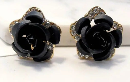 Enamel Gold Plated Rhinestine Black Rose Red Roses Small Metal Stud Earrings