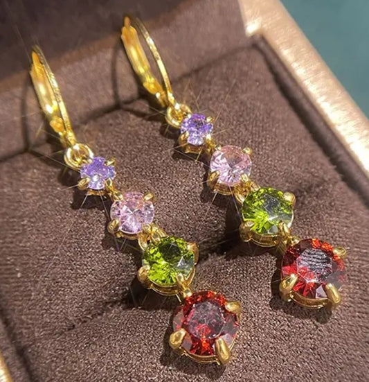 Gold Plated Multi-Coloured Synthetic Gem Drop Earrings