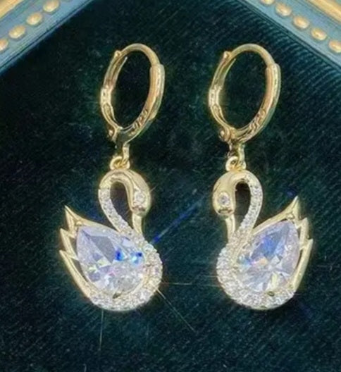 Crystal Rhinestone Sparkly Gold Plated Swan Drop Dangle Earrings