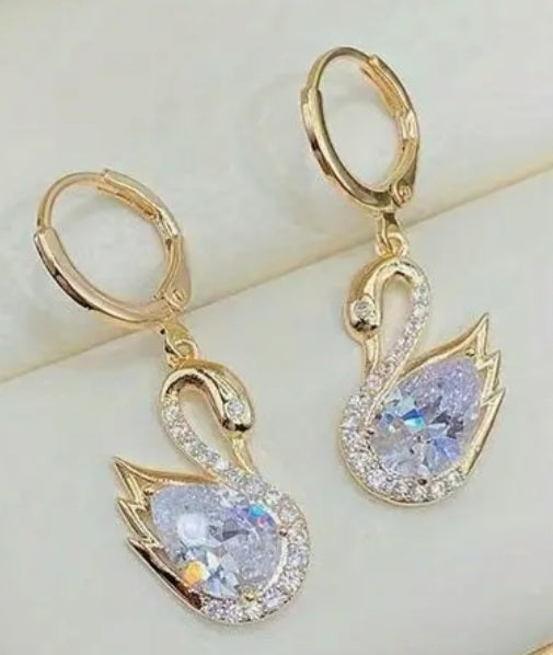 Crystal Rhinestone Sparkly Gold Plated Swan Drop Dangle Earrings