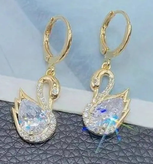 Crystal Rhinestone Sparkly Gold Plated Swan Drop Dangle Earrings