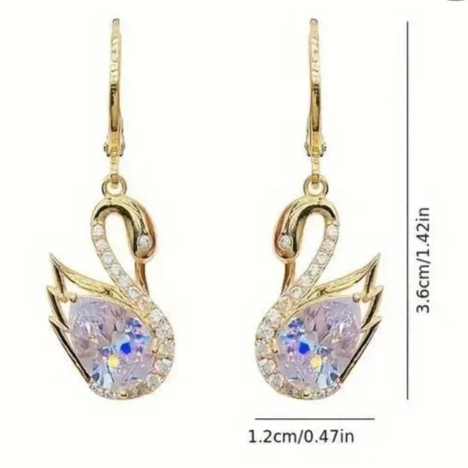 Crystal Rhinestone Sparkly Gold Plated Swan Drop Dangle Earrings