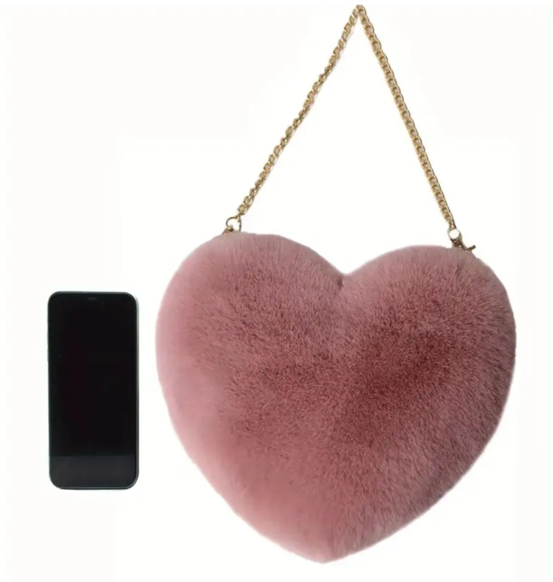 Cute Fun Fluffy Plush Dusty Rose Pink Heart Shaped Hand Bag With Gold Plated Chain