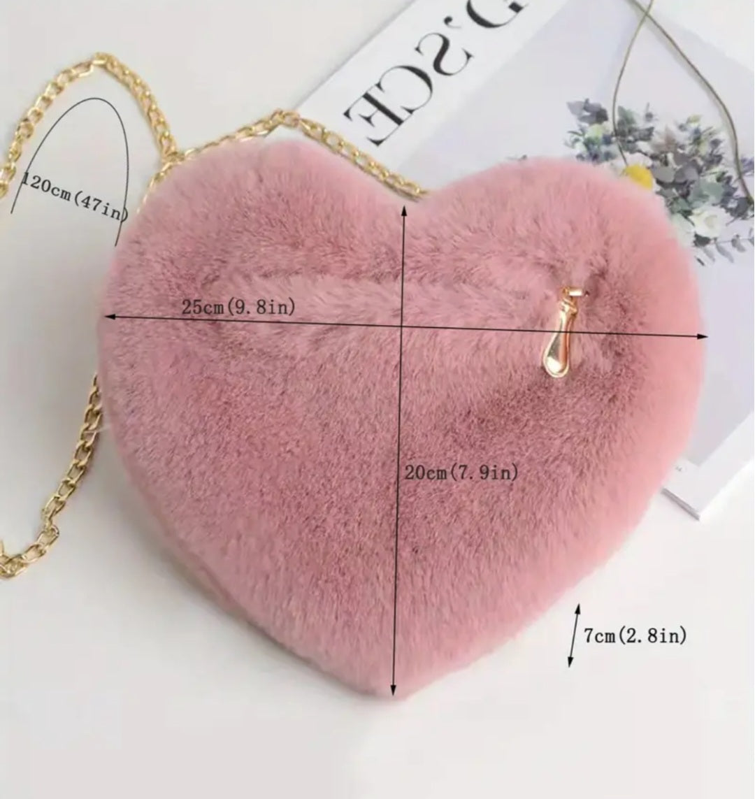 Cute Fun Fluffy Plush Dusty Rose Pink Heart Shaped Hand Bag With Gold Plated Chain