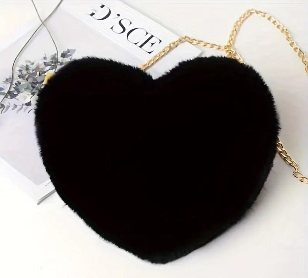 Cute Fun Fluffy Plush Black Heart Shaped Hand Bag With Gold Plated Chain