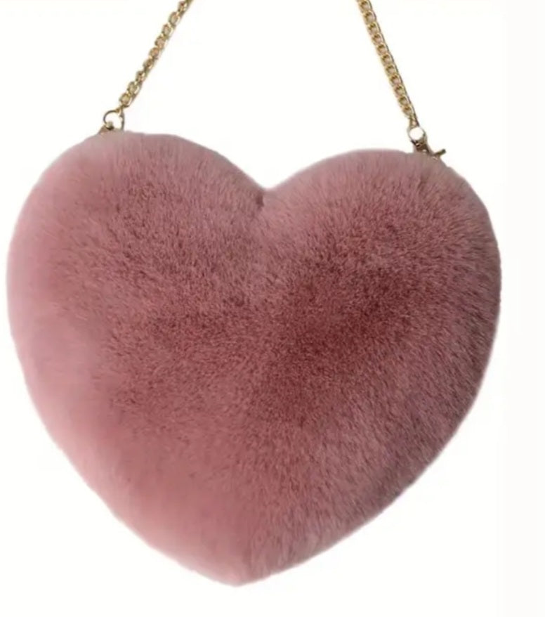 Cute Fun Fluffy Plush Dusty Rose Pink Heart Shaped Hand Bag With Gold Plated Chain