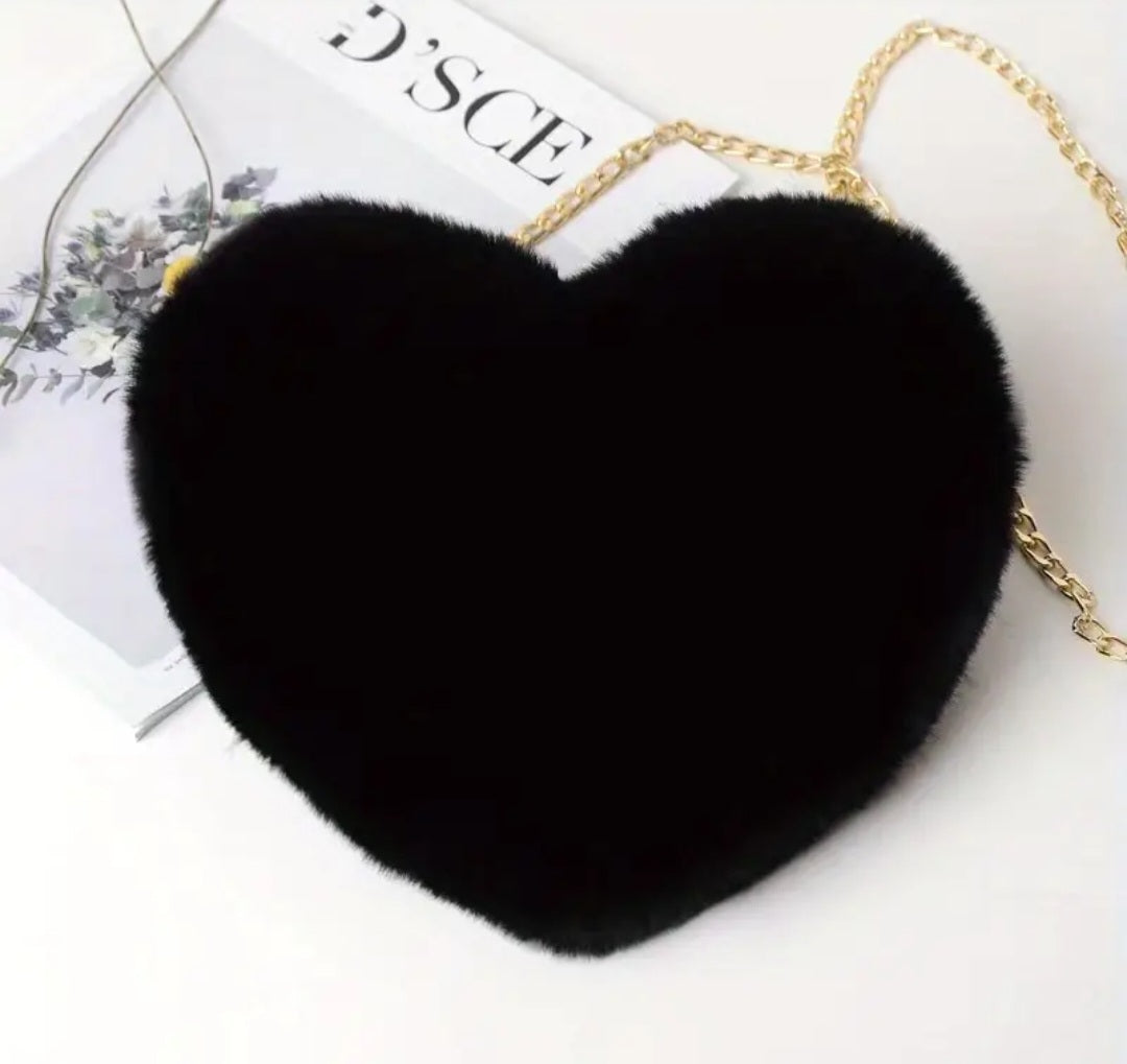 Cute Fun Fluffy Plush Black Heart Shaped Hand Bag With Gold Plated Chain