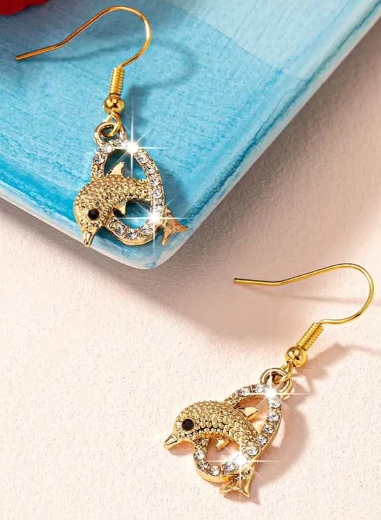 Dolphins Jumping Through Rings Rhinestone Gold Plated Dangke Earrings