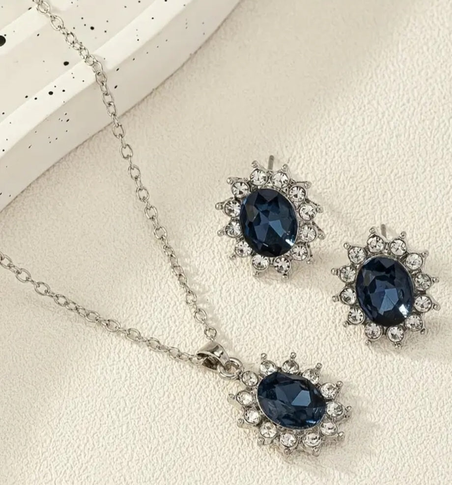 Blue Crystal Rhinestones Silver Plated Necklace And Stud Earrings 3 Piece Set