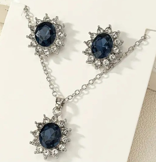 Blue Crystal Rhinestones Silver Plated Necklace And Stud Earrings 3 Piece Set