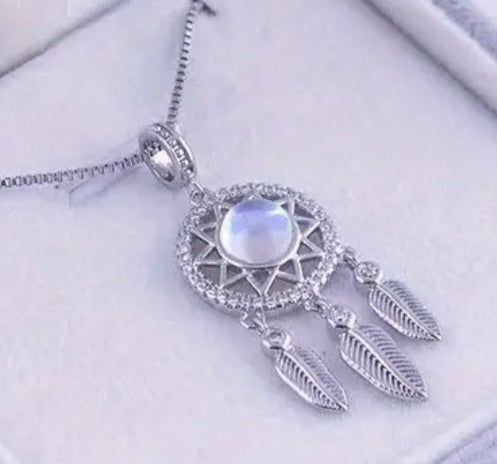 Dainty Silver Plated Rhinestone Moonstone Dreamcatcher Pendant With Chain Necklace