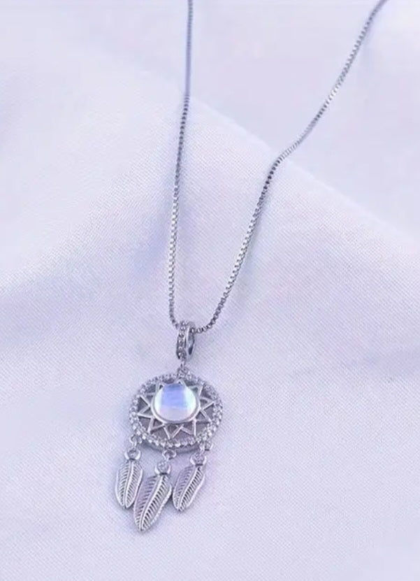 Dainty Silver Plated Rhinestone Moonstone Dreamcatcher Pendant With Chain Necklace