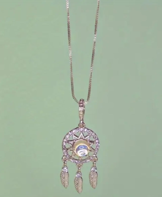 Dainty Gold Plated Rhinestone Moonstone Dreamcatcher Pendant With Chain Necklace