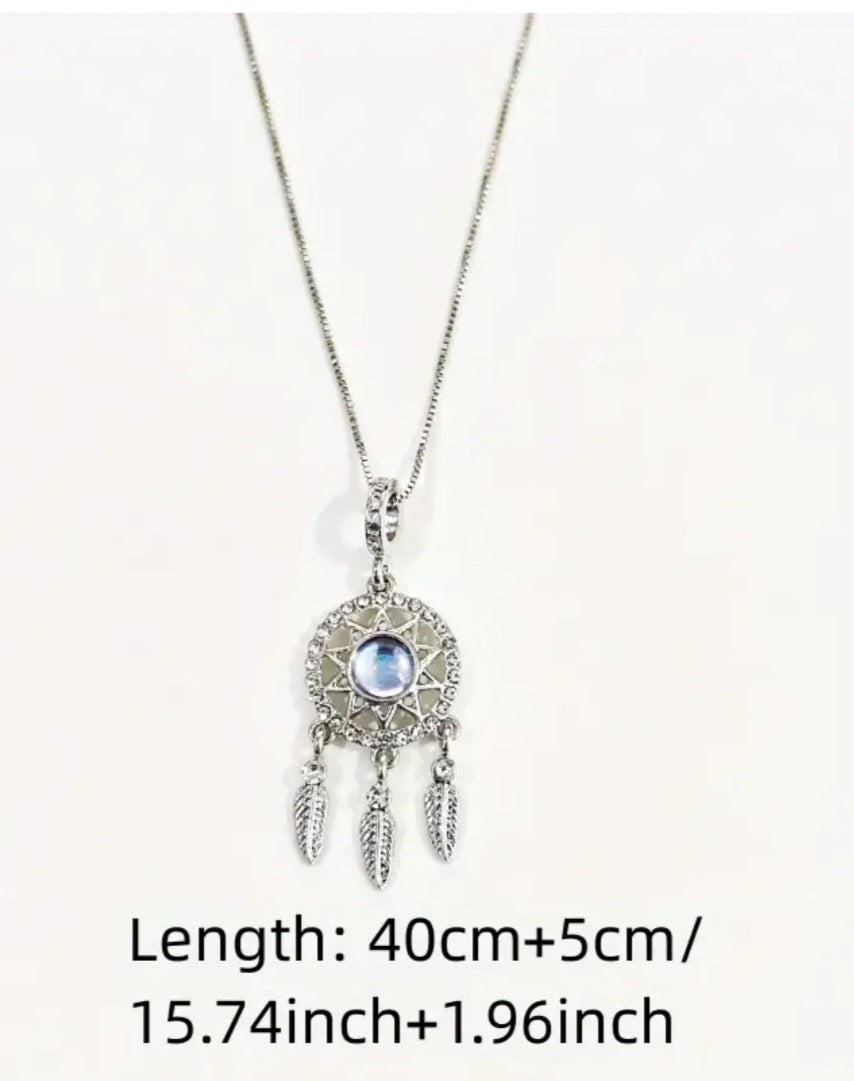 Dainty Silver Plated Rhinestone Moonstone Dreamcatcher Pendant With Chain Necklace