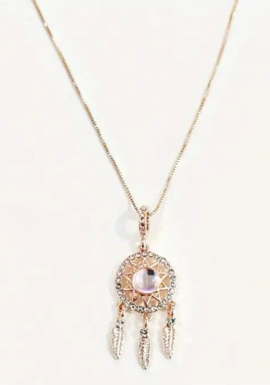 Dainty Gold Plated Rhinestone Moonstone Dreamcatcher Pendant With Chain Necklace